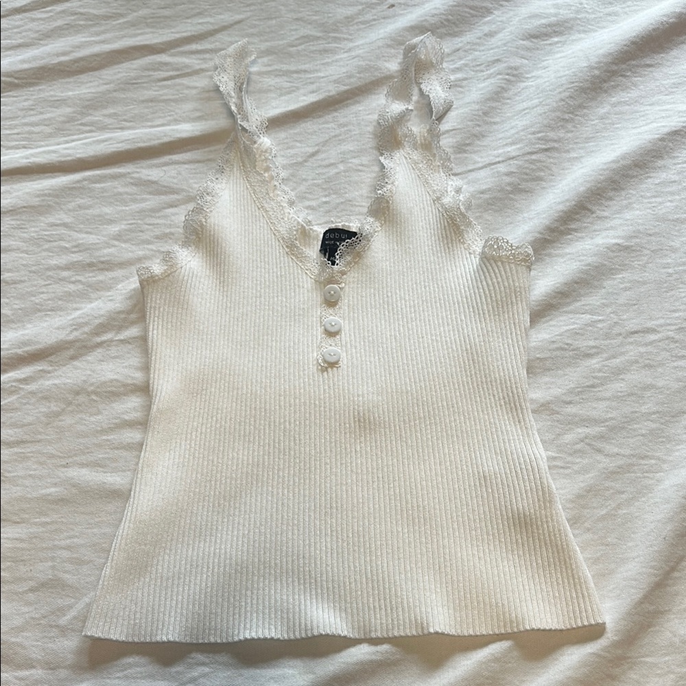 Debut White Lace Trim Ribbed Tank Top